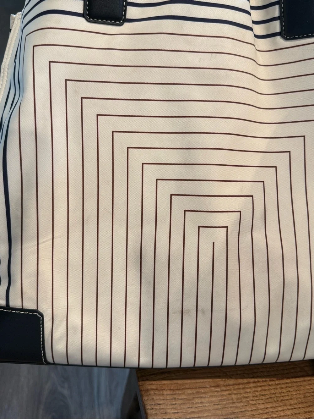 Tory Burch Black and Cream Striped Logo Tote